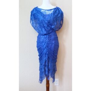 Seneca vintage blue lace cocktail dress with an asymmetrical hem